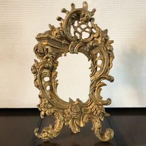 Vintage small, metal, ornate photo frame, brass, small Victorian frame, easel picture frame, elegant scroll and flower design
