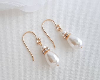 Simple Wedding Earrings Rose Gold Pearl Drop Earrings Bridal Pearl Dangle Earrings Bridesmaid Earrings Swarovski Pearls Bridal Jewelry, June