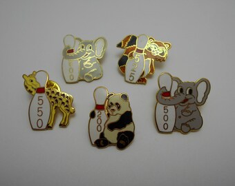 Vintage Cloisonne Bowling Award Lapel Pins, Elephant Panda Raccoon Giraffe Bowling Pins, Bowling Award Tie Tacs