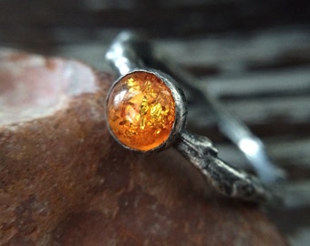 Simple Baltic Amber Solitaire Ring - Unique Rustic Sterling Silver Twig or Branch Botanical Jewelry - Taurus Birthstone Ring