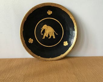 Vintage Black and Gold Lacquered Round Tray with an Elephant Motif, Burma