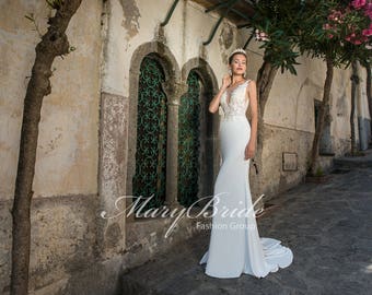 Zip UP Plunging Deep V Open Back Wedding Dress Includes Veil & Hair Accessory