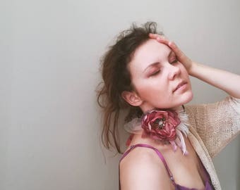 Romantic blossom Brooch Coral Purple textile flower brooch