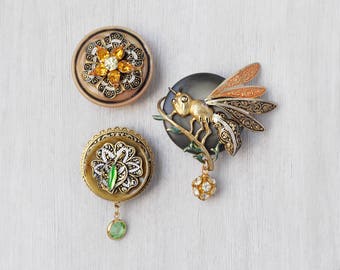 3 Wasp Flower Fridge Magnets - recycled vintage damascene jewelry and buttons - strong refrigerator magnet set