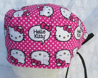 Hello Kitty women's scrub hat, surgical scrub hat, chemo hat, cancer hat, chef's hat with a built in sweat band. Handmade in the USA.