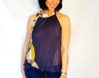 Schiere oben sehen, obwohl Shirt Neckholder Top Schleife oben transparente Bluse transparent Plissee Shirt Frauen Größe Medium kleine vintage
