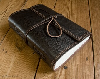 A5, Medium, Rugged Leather Journal, Leather Wraparound Journal, Travel Journal, Dark Brown Leather, Wrap Notebook, Personalised Diary, UK.