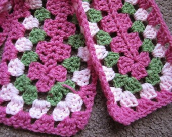 Granny Square Scarf, Raspberry, Tea Leaf, Baby Pink, Granny Length Granny Square, Crochet Granny, Ready to Ship