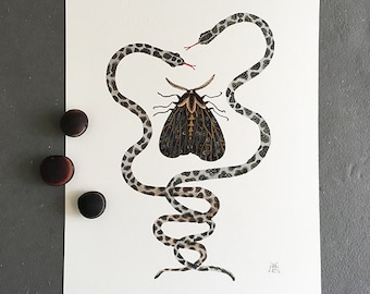 Evermore, serpents and moth, original watercolor painting