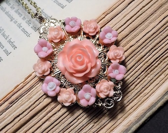 Vintage Inspired Pink Rose Pendant