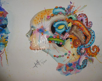 colorful, octopus girl, water color, technique, printing