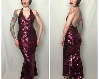 Vintage 1970's Fuchsia Sequined Lurex Extreme Hourglass Mermaid Hem Disco Diva Evening Gown by Frederick's of Hollywood - size Medium Large