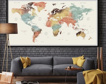 LARGE Wall Art World Map Push Pin Print / Watercolor World Map Print / Pushpin World Map / Trawel World Map / Extra Large WorldMap Art (L65)