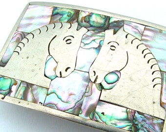 Southwestern Belt Buckle, Clothing Shell Accessories Abalone Mexican Silver Mexico Equestrian Horse Chess Fashion Jewelry