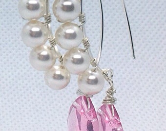 Pink Swarovski briolette drops and pearls sterling silver arc earrings