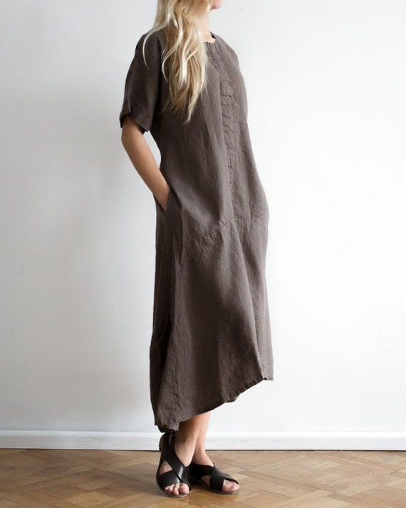 Loose Maxi Linen Dress with Short Sleeves and Pockets