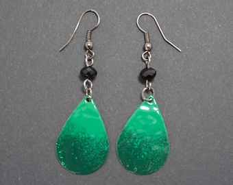 Green and black, enamelled brass teardrop earrings