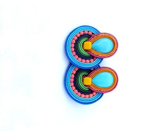 Boho Clip On Earrings, Colorful Soutache Earrings, Handmade Clip On, Hippie Soutache Handmade Jewelry, Clip On Earrings