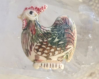 Hand Carved Painted Bone Chicken Bead - 1 Inch (25 mm)