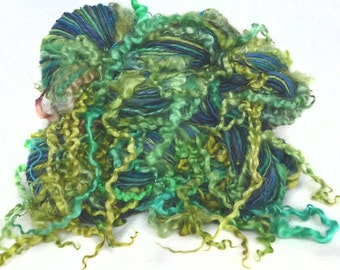 Handspun Art Yarn hand spun BFL wool & handdyed Wensleydale locks, curly yarn, tailspun, textured, curls