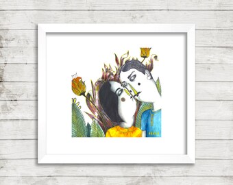 Kissing Couple in Forest Illustration, Art Print
