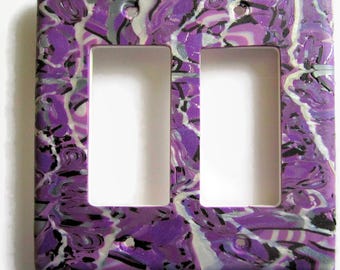 Light Switch Cover, Double Switchplate, Rocker Switch Plate, Purple with Pearl, Silver and Black Detail