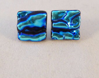 Blue Dichroic Fused Glass Stud Earrings, Blue, Fused Glass Earrings, Glass Earrings, Dichroic Earrings, Stud Earrings, Dichroic, Studs, Post