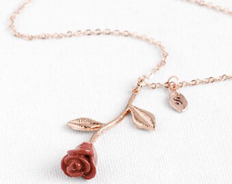 Rose Necklace With Initials Beauty And The Beast Necklace Mothers Day Gift For Women Spring Gifts - 3MRN-L