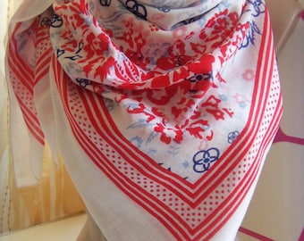 Vintage Cellbes of Sweden Cotton scarf White whit red & blue Flower pattern,Square