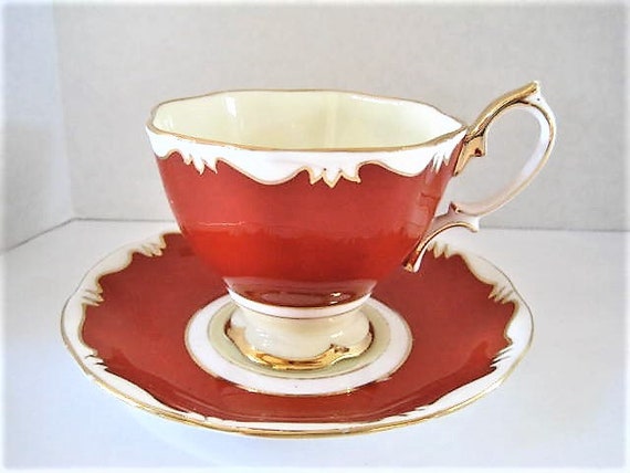 Royal Albert Crown China, Footed Cup and Saucer, Blood Red, White Gilt Scalloped Edging, Pattern 1969, China England