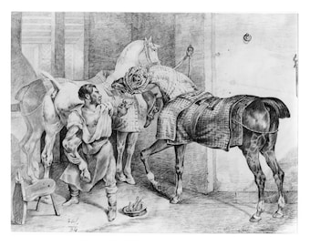 Shoeing the Horse" - Digital Download of old charcoal and pencil drawing - issued 1834