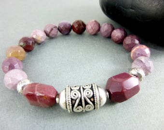 Pink Mookaite Chakra Bracelet, Bali Sterling Silver Focal, Beaded Stretch Bracelet, Compass for Decision Making, Chakra Jewelry