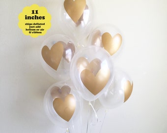 Gold Heart Balloons Bridal Shower Decorations - 6 pack 11” Latex Balloon - Engagement Party Decor Bachelorette Gold Party Heart Decorations