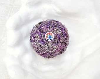 Whimsical Silk Basket - Small Strawberry Gnome Silk Tapestry Basket with Embellished Glass Button Lid - Birthday Present, Gift for Gardener