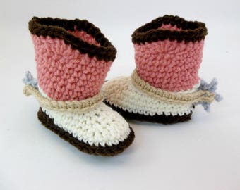 Cowboy Baby Booties with Spurs Brown Pink & Natural Crochet Cowboy Boots