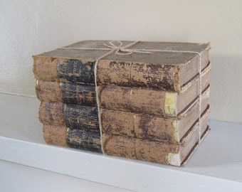 Shabby Leather Decorative Books Set, Distressed Book Bundle, Shelf Decor, Primitive Decoration, Rustic Books, Stack of Books, Antique Books