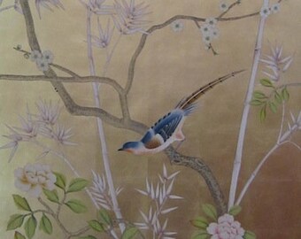 Chinoiserie handpainted wallpaper on gold metallic leaf one standard roll of 3 by 8 ft, custom size available