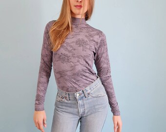 90s Vintage Purple Mock Neck with Delicate Vine/Floral Pattern