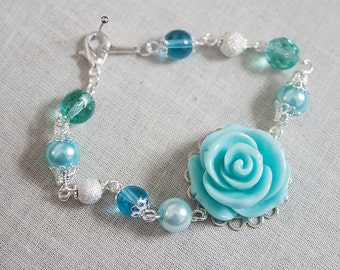Handmade Aqua Rose Bracelet Aqua Pearl Bracelet Pearl Flower Bracelet Aqua Wedding Aqua Bridesmaid Bracelet Aqua Bracelet