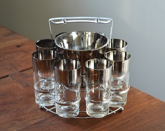 Vintage Silver ombre barware set, Vitreon Queen's Lustreware; caddy, ice bucket and 8 tumblers, Mercury Fade; Silver Ombre - Mad Men