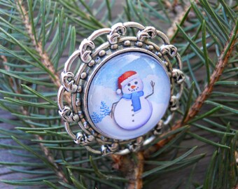 Snowman Adjustable Ring with Choice of Vintage Bezel Style, Antique Silver ring, Holiday ring, Winter jewelry, Christmas ring, Snowman ring