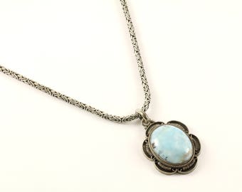 Vintage Floral Design Blue Larimar Necklace 925 Sterling Silver NC 453