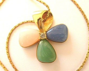 1960s Designer Infinity Cross, Shamrock Cloverleaf Gemstone Cross, Gold Cross with Blue Green & White Petals, Gold Cross and Neck Chain
