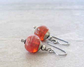 red dangle earrings, lampwork glass beads, oxidized silver jewelry, boho drop earrings
