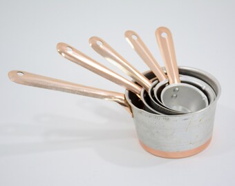 Mid Century Aluminum Silver and Copper Colored Measuring Cups with Handles Metal, Made in Japan, Vintage Cooking Baking Tools, Retro Rustic