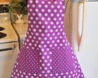 Women's Vintage Style Apron in Purple and White Polka Dots