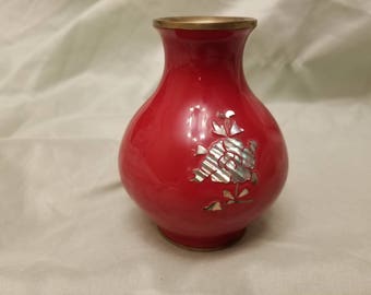 Small Red Brass vase with mother of pearl flower inlay 4" tall