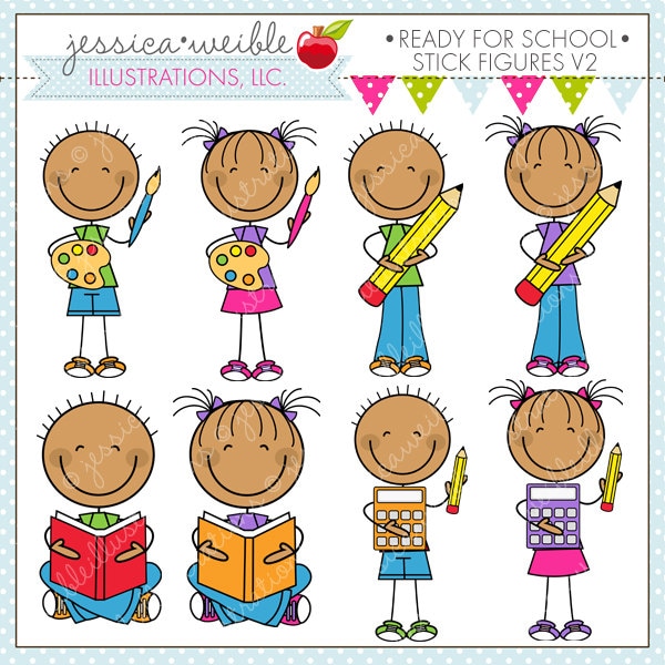 Ready For School Stick Figures V2 Cute Digital Clipart for