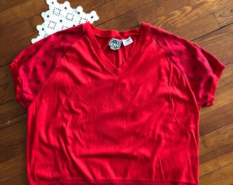 Vintage 1980's/1990's Plus Size Red V-neck Top with Patterned Sleeves - Choices from Gitano