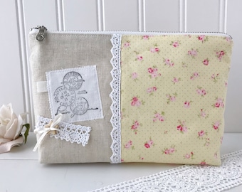Shabby chic pouch, floral linen zipper pouch, french stamp, lace, wood button